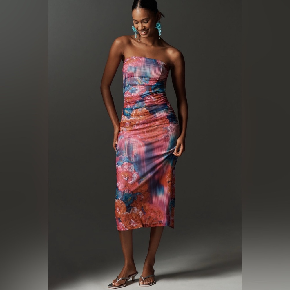 Anthropologie strapless ruched body-con dress